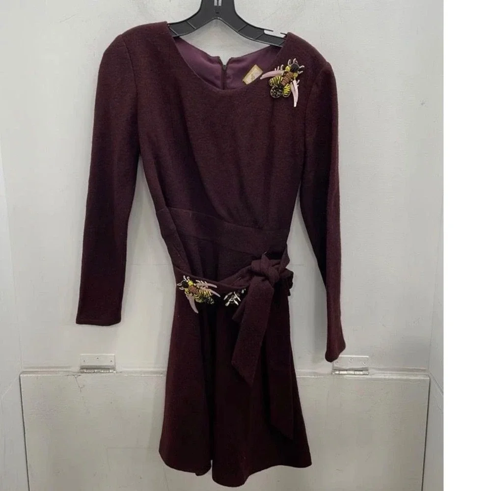 Luba by Hannah Payne 🐝Burgundy‎ Wool Dress 3D Embellished Bee Belted A-Line